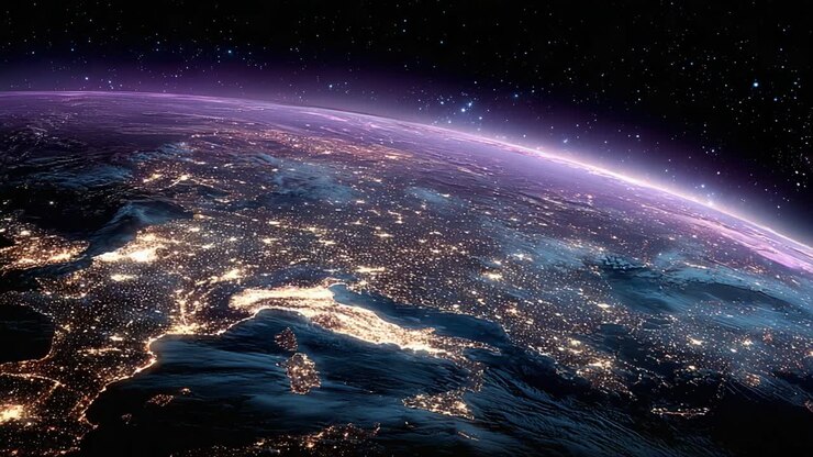 Captivating View of Earth at Night: A Stunning Visualization of Our Planet's Nighttime Illumination from Space Highlighting Major Landmarks and Urban Areas