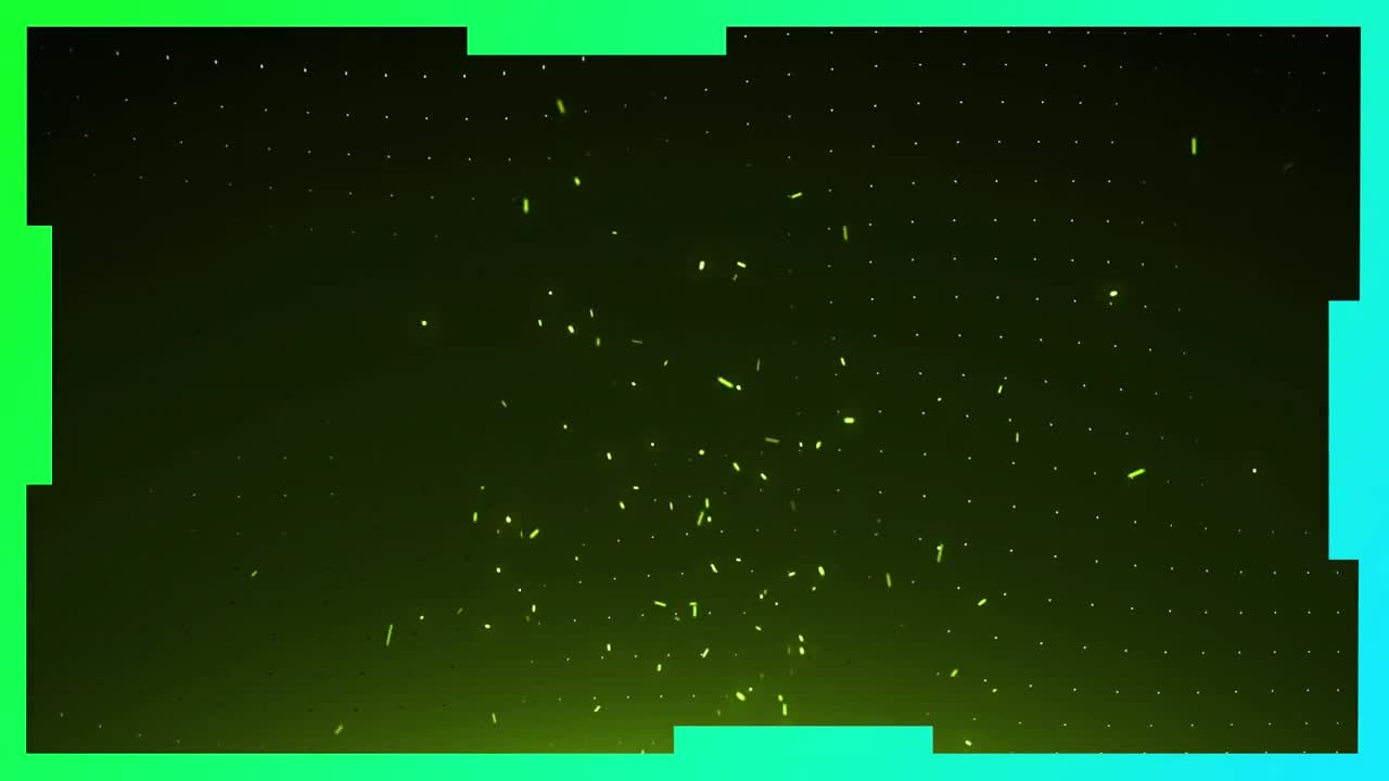 Animation of particles floating on dark background, with passing green and white lines on blue