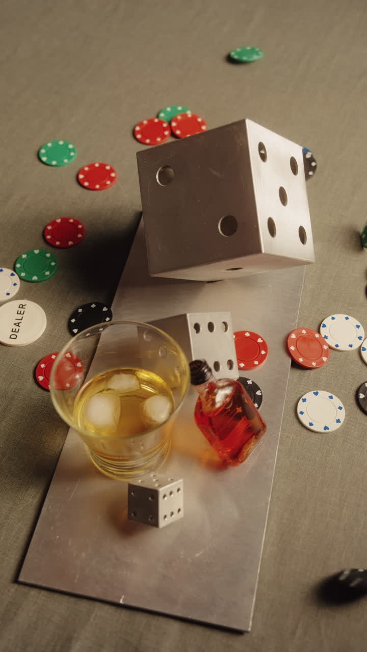Vertikal: Pokerchips falder på et gråt bord med et glas whisky med is, en grå terningeskulptur og en lille flaske, halvnært billede, statisk, filmisk.
