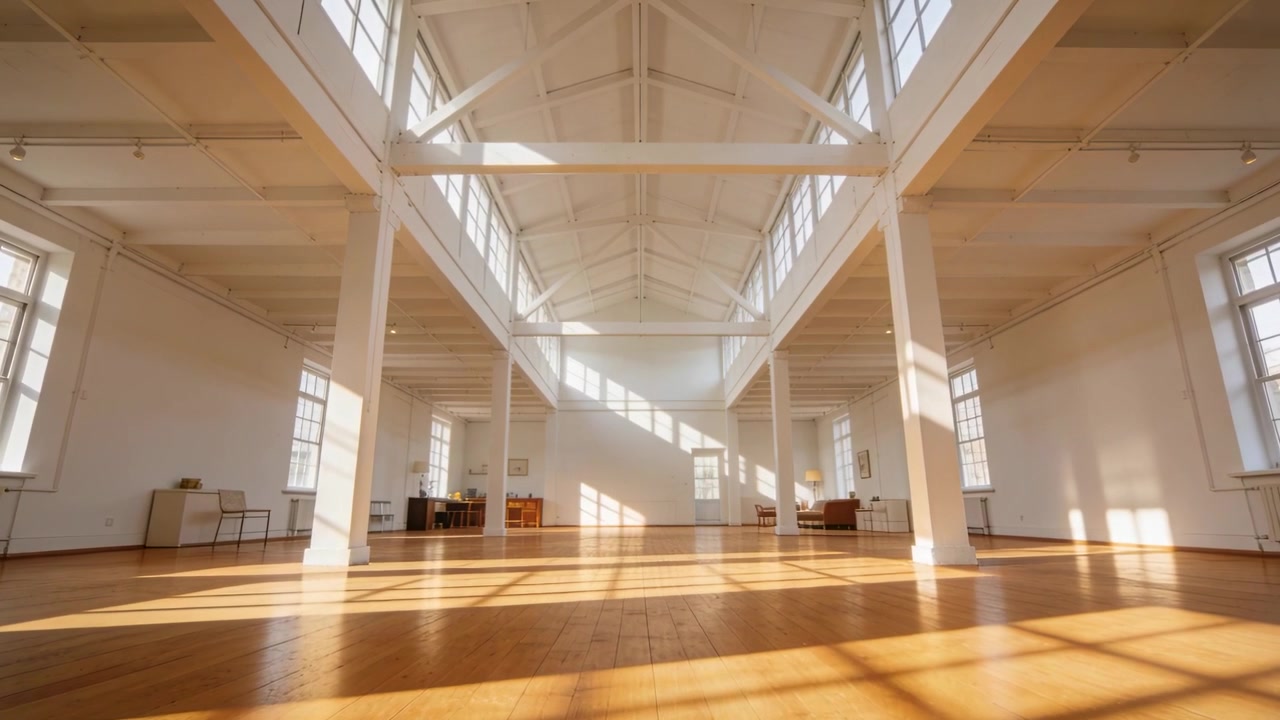 Luce solare che si sposta attraverso finestre alte attraversando il pavimento di un loft, con la telecamera che scorre in avanti, mostrando le capriate.