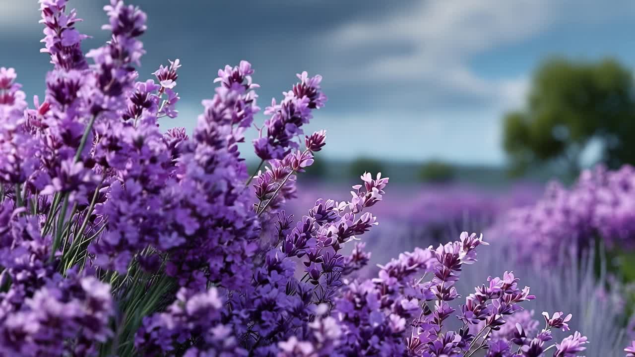 Purple blooms sway gently in the breeze. Soft light enhances delicate petals and vibrant hues. Sky shows subtle clouds above the field. Nature's beauty thrives in quiet, peaceful scenes