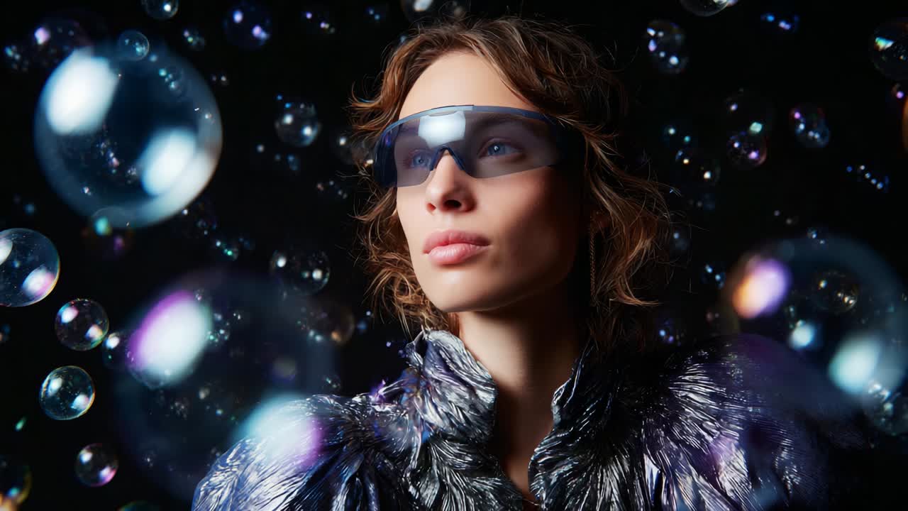 Un ritratto scintillante di eleganza e riflessione: una modello con eleganti occhiali da sole circondata da bolle fluttuanti, che cattura un momento di serenità e visione in un'atmosfera enigmatica.
