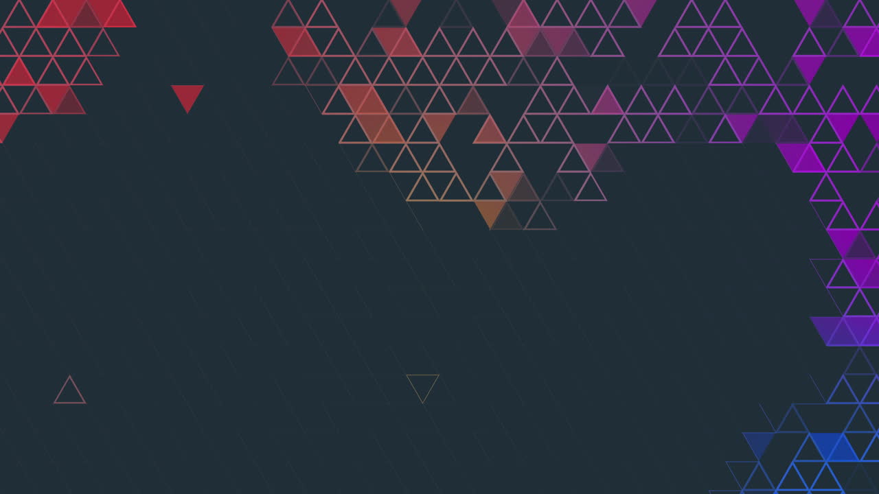 Animation of a colored grid of triangles. Polygonal geometric shapes on a dark background. Looped motion graphics. Copy space.