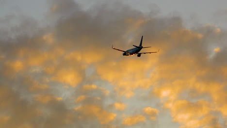 passenger airliner airplane ascending after take off flies away in cloudy sunset sky