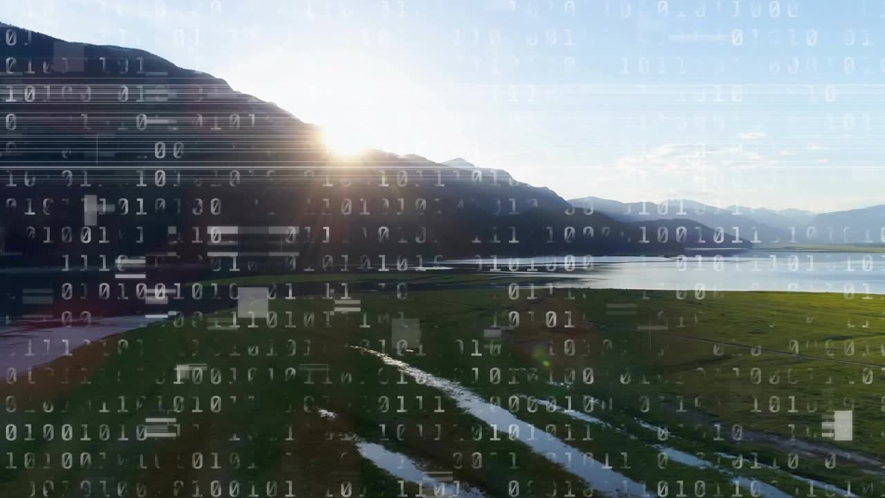 sun peeking over ridge starting binary digits scrolling across valley dawn representing data stream