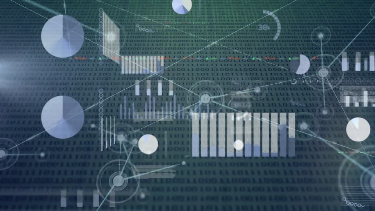 animación de codificación binaria, procesamiento de datos y red de conexiones contra un fondo gris.