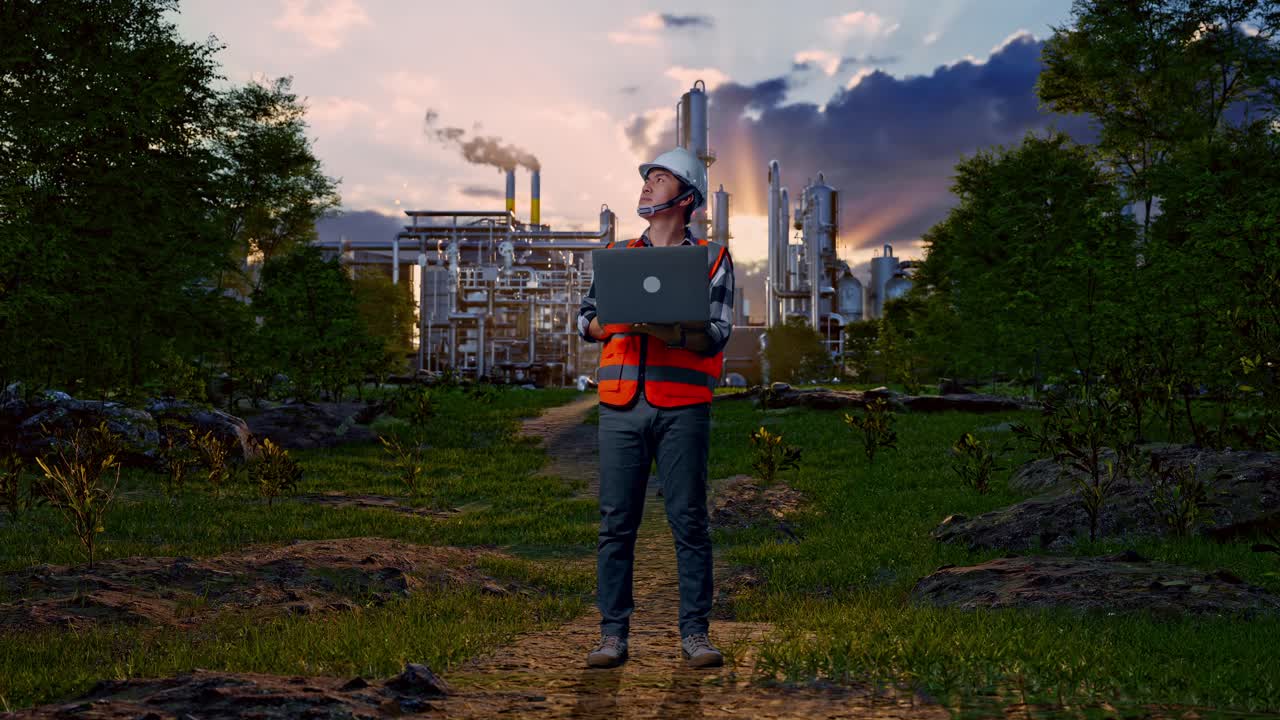 Full Body Of Asian Male Engineer With Safety Helmet Working On A Laptop And Looking Around While Standing In Front Of Oil Refinery