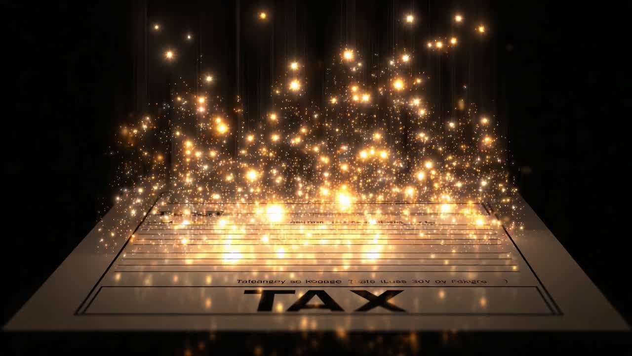 An enchanting visual representation of a tax document, surrounded by a mesmerizing display of sparkling lights and glimmering particles that bring the concept of tax to life in a magical way