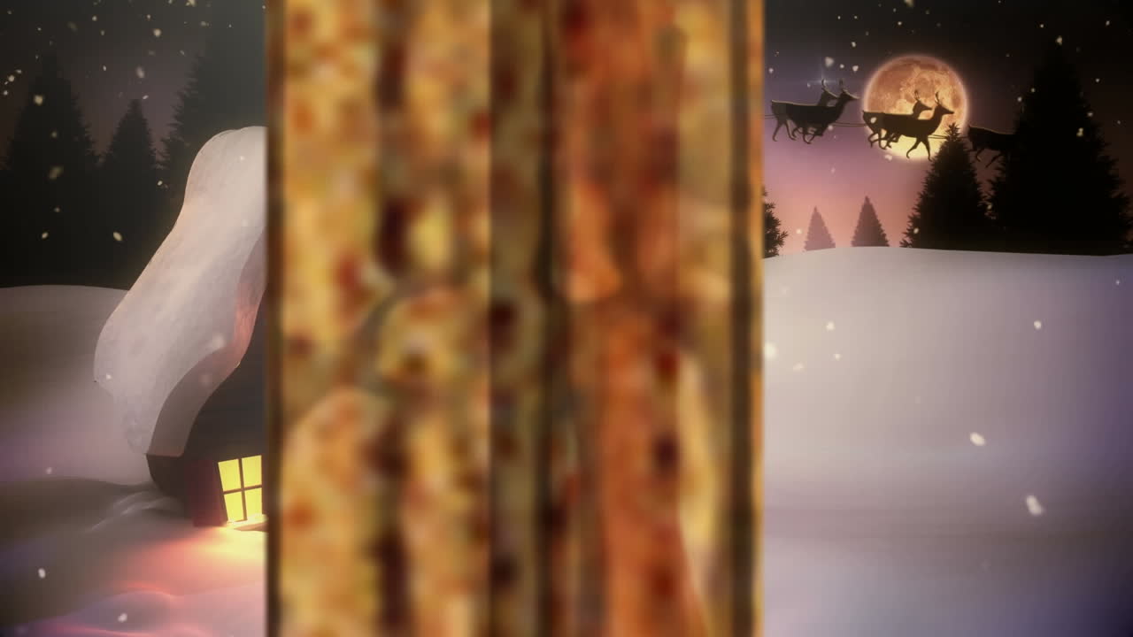 Animation of winter christmas scene with house and santa sleigh seen through window