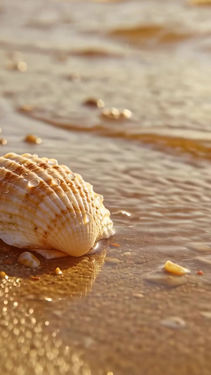 Vertical video: Lapping shallow wavelets rolling in, passing ridged seashell on shore, copy space