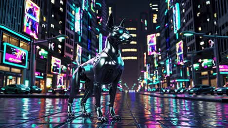 robot dog in a cyberpunk city at night