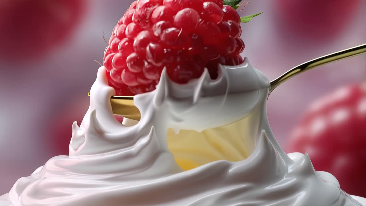 Golden Spoon Scooping Raspberry from Whipped Cream