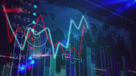 animación del procesamiento de datos estadísticos y del mercado de valores sobre el mapa del mundo contra un fondo azul