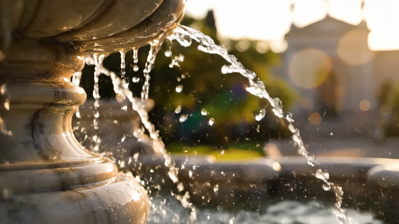 Cascata d'acqua da una fontana di pietra decorata