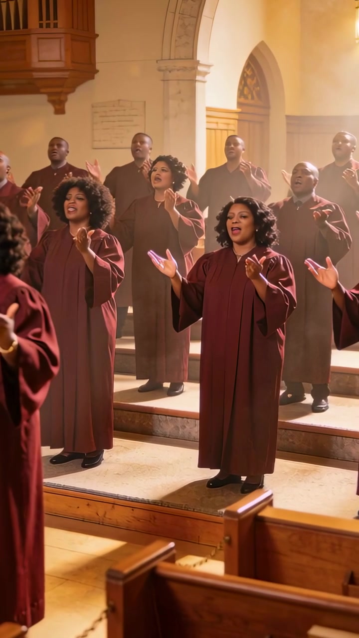 Vertical video: Song rising choir in sanctuary maroon-robed shifting to clapping and raising hands