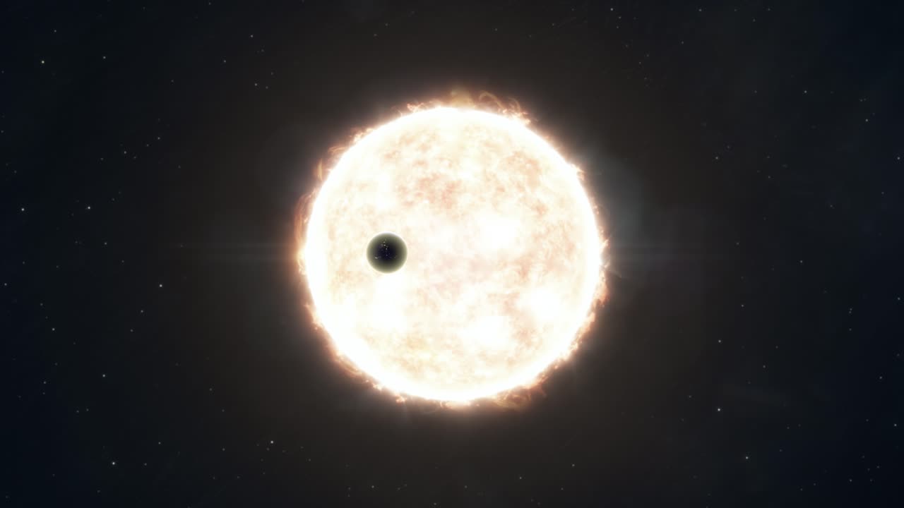 천천히 다가오는 행성 지구가 빛나는 뜨거운 태양에 비추어져 있습니다.