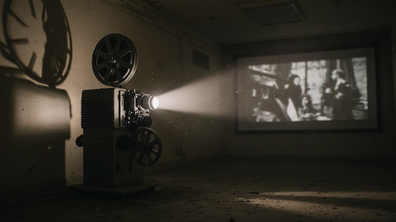 Illuminating Moments: A Vintage Film Projector Casting Shadows and Memories in an Abandoned Space, Capturing Flickering Scenes from a Bygone Era