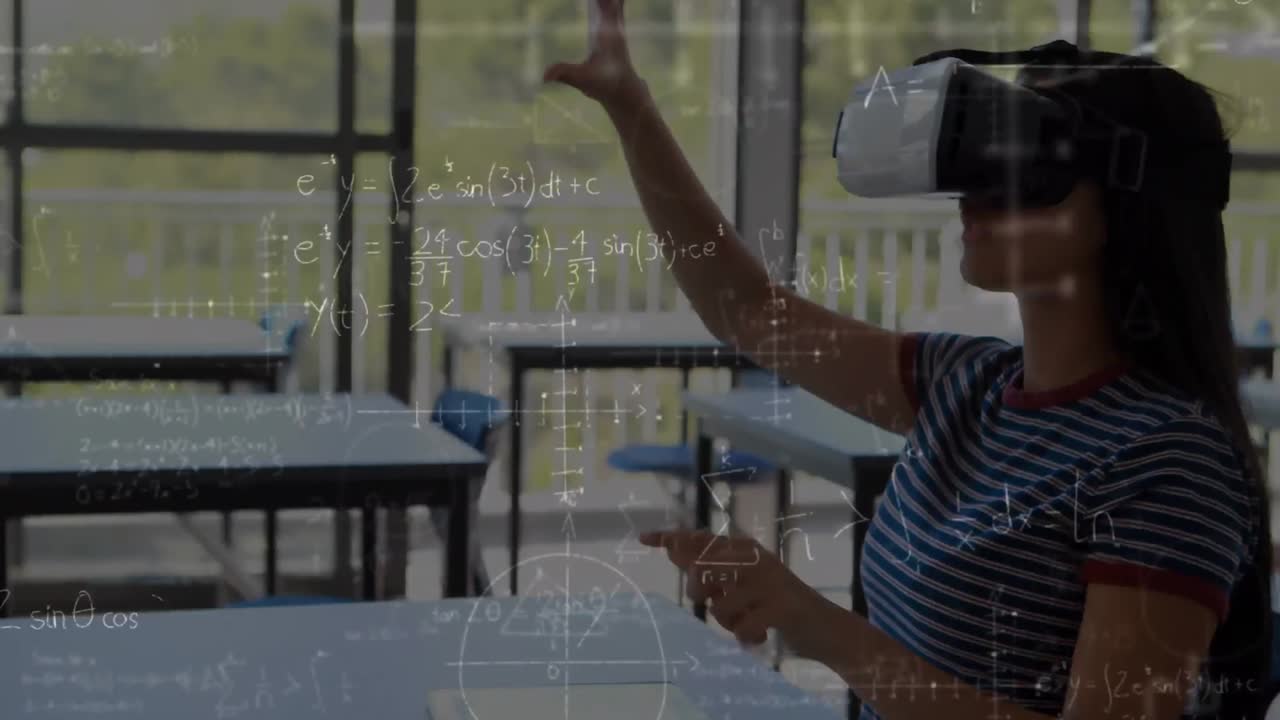 animación de ecuaciones matemáticas sobre una colegiala que lleva auriculares vr
