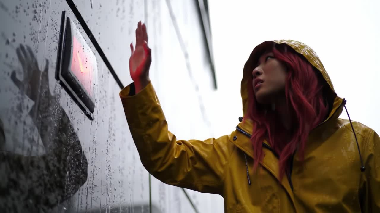 A Woman in a Yellow Raincoat Stands in the Rain, Gazing Thoughtfully at a Glowing Sign on a Wet Wall, Capturing a Moment of Reflection in a Gloomy Atmosphere