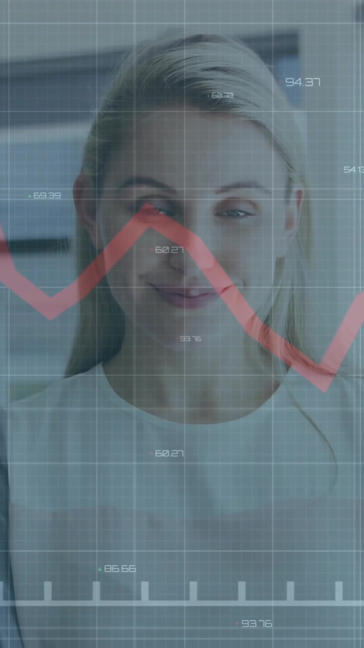 In ufficio, una donna d'affari esamina l'animazione di grafici finanziari sullo schermo del computer