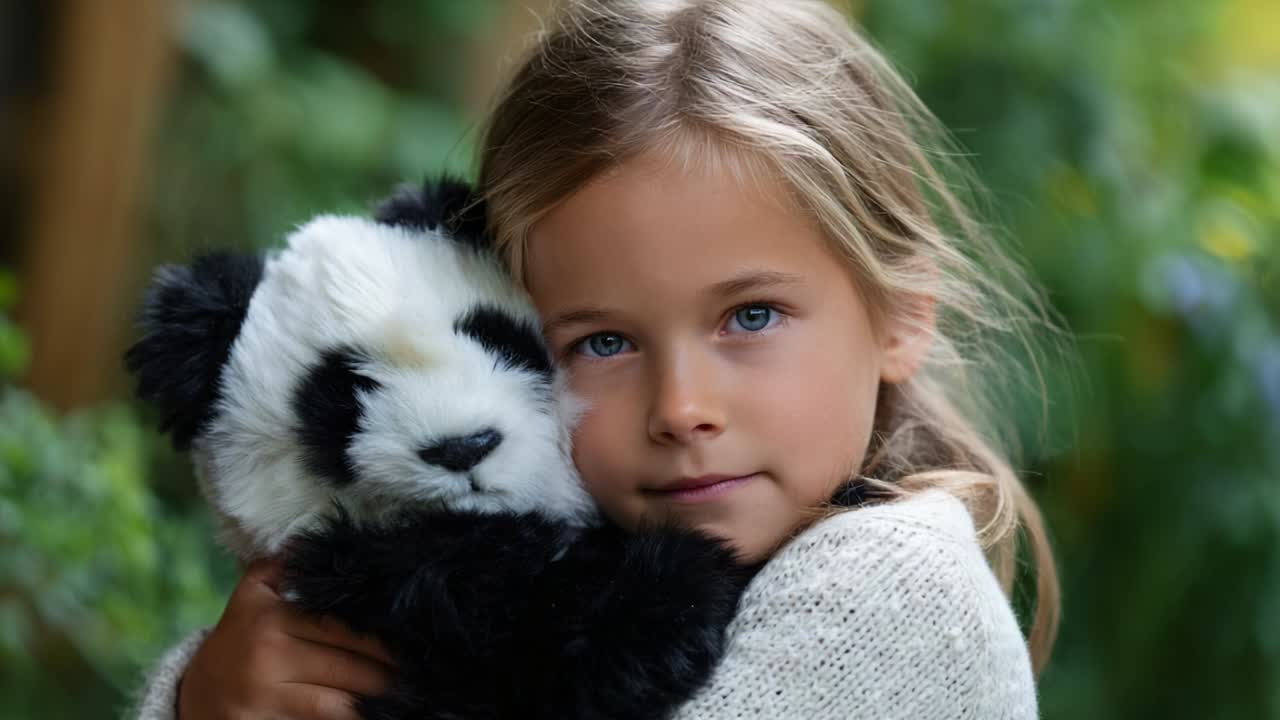 A Heartwarming Moment of a Child Embracing a Plush Panda Toy in a Lush, Green Environment, Capturing the Innocence and Joy of Childhood Surrounded by Nature's Beauty