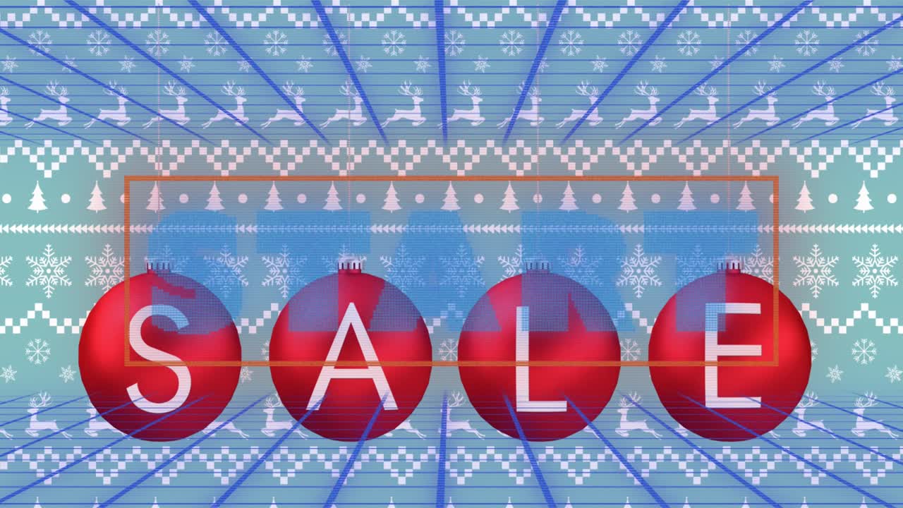 크리스마스 패턴 배경 위에 시작 및 판매 텍스트의 애니메이션