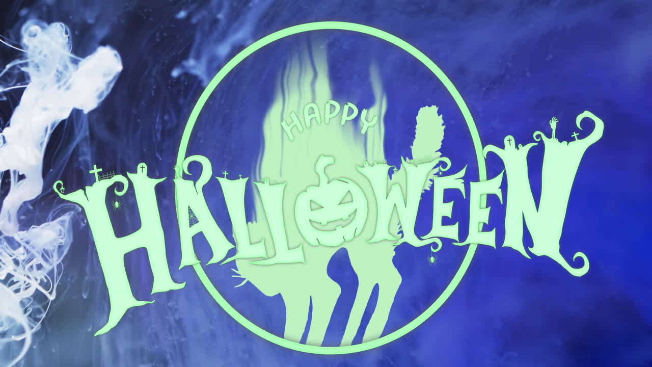 animación de texto feliz de halloween y gato sobre fondo azul