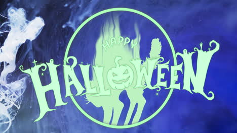 animation of happy halloween text and cat over blue background