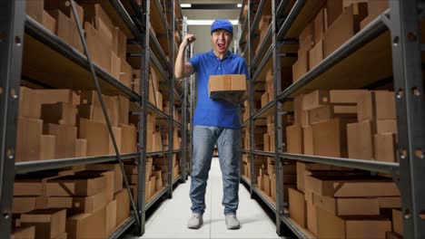 full body of asian male courier in blue uniform celebrating succeed delivering a carton in warehouse