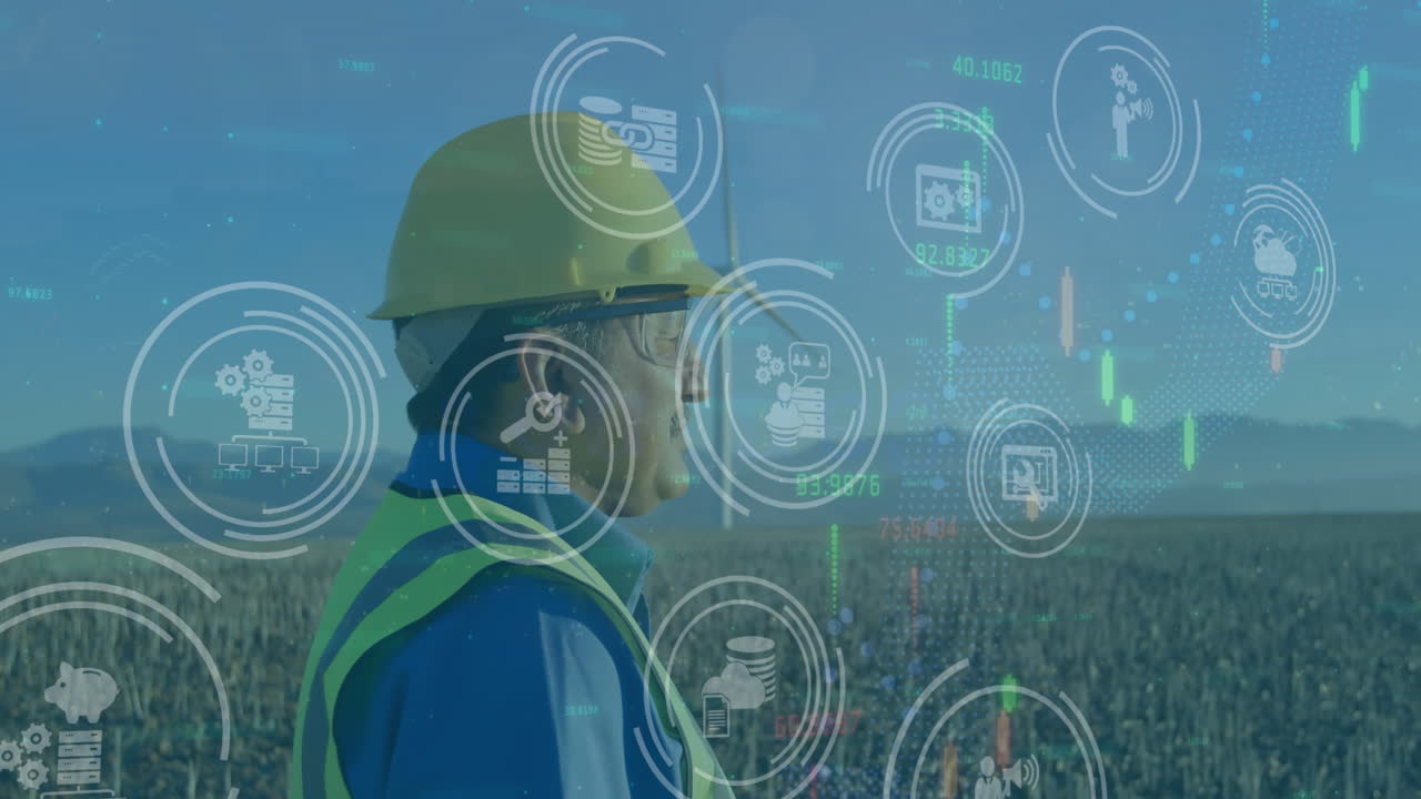 iconos de animación sobre ingeniero caucásico de sexo masculino con engranajes de seguridad contra el campo verde y el molino de viento