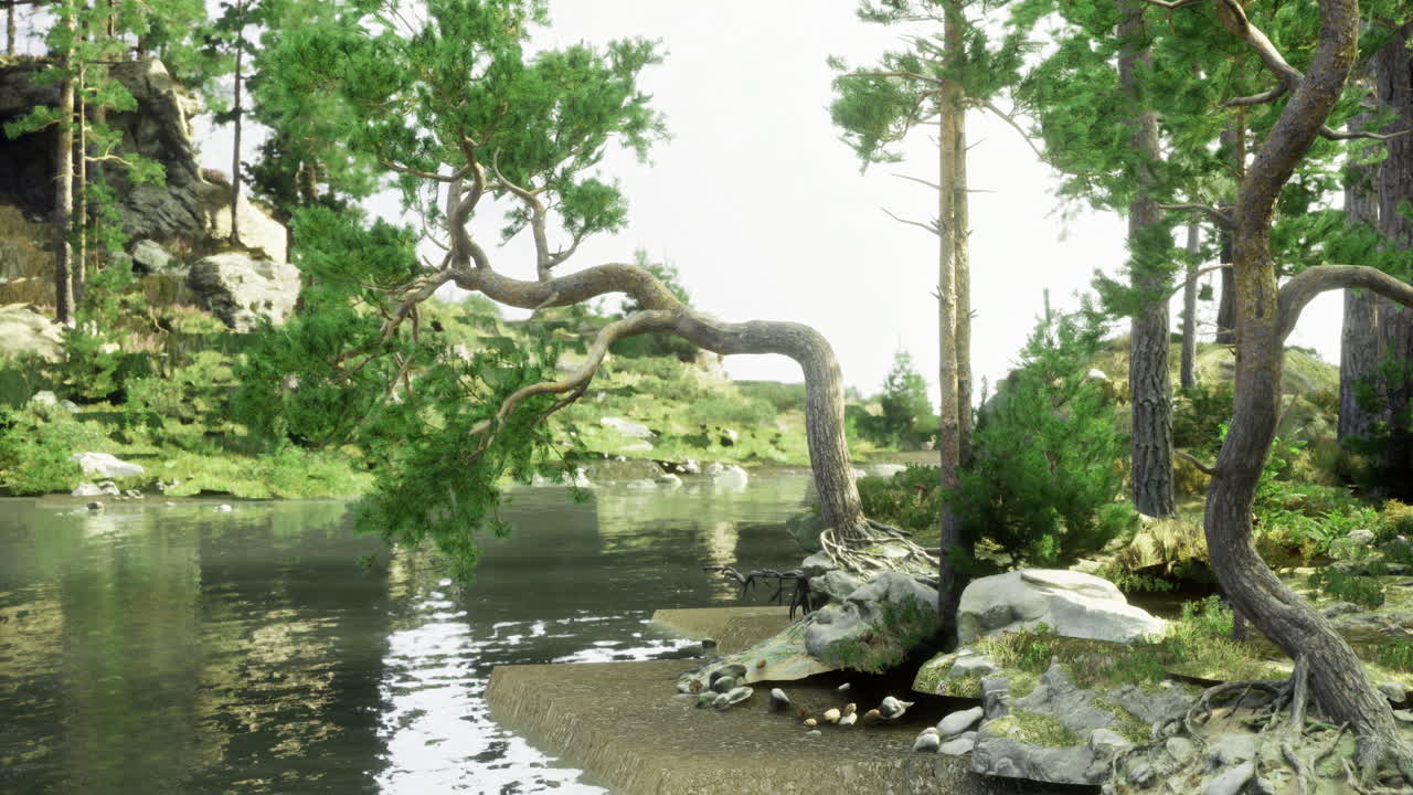 Serene lakeside landscape with twisted trees and tranquil waters