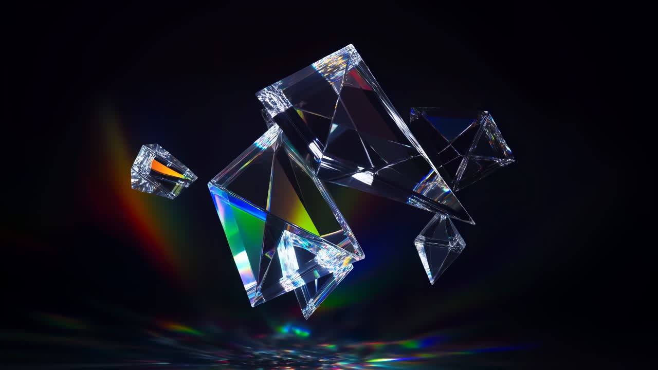 Prismi di cristallo astratti rotanti che rifrangono luce colorata