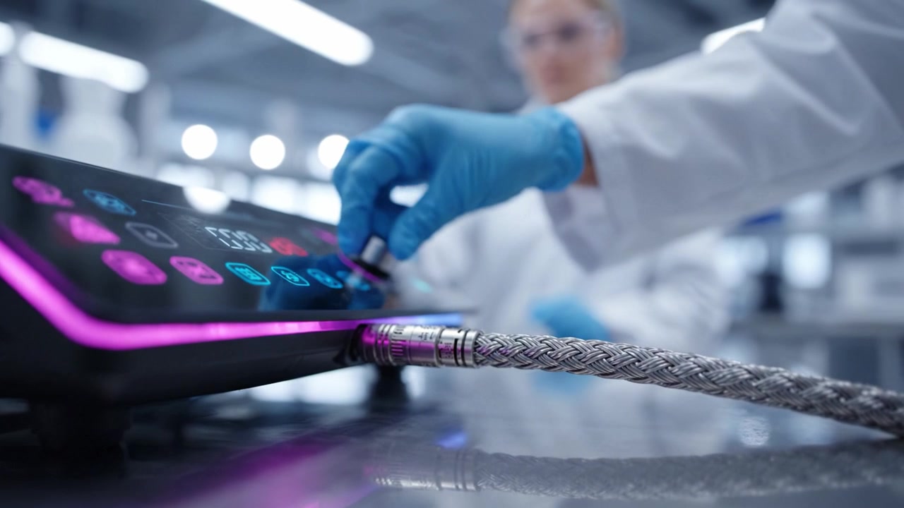 Close-up of Advanced Laboratory Equipment Featuring Digital Interface and Specialized Hose for Precise Scientific Measurements in a Modern Research Facility