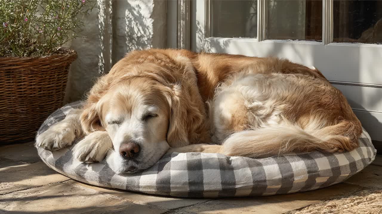 A Golden Retriever Enjoys a Moment of Serenity While Curling Up on a Cozy Bed by the Door, Radiating Comfort and Contentment in a Sunlit Room