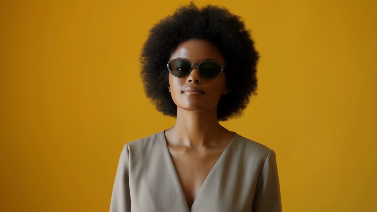 Portrait of a woman with afro hair and sunglasses