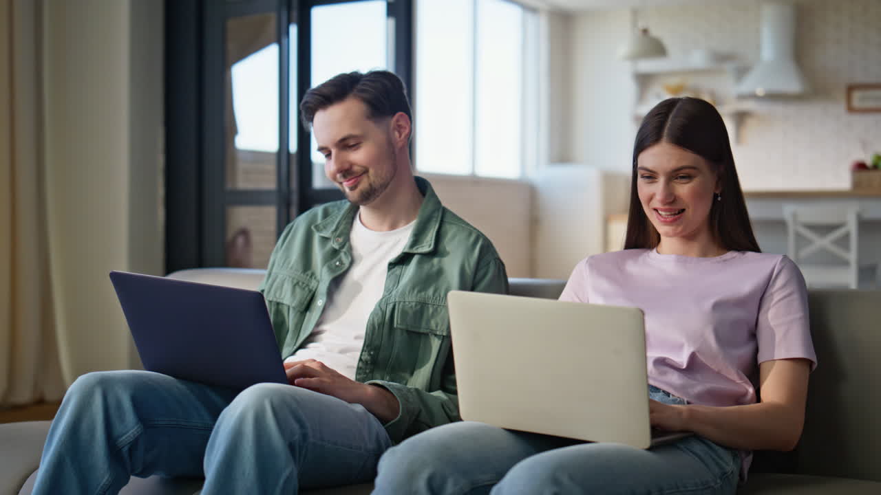 Freelancers family working online computers closeup. Couple sharing opinions