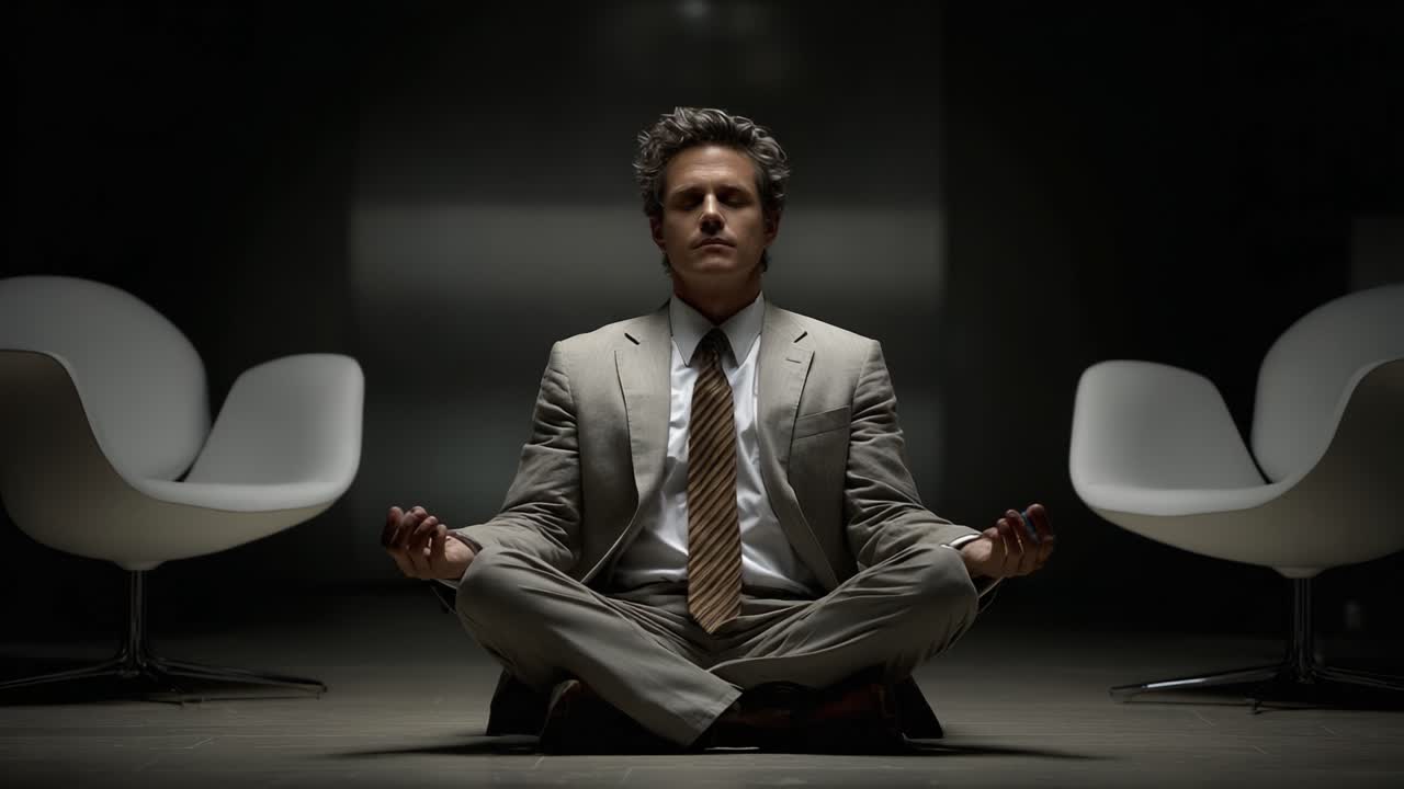 A Man in Business Attire Meditates Calmly in a Minimalist Space, Emphasizing Inner Peace and Mindfulness with a Serene Aura Under Dim Lighting