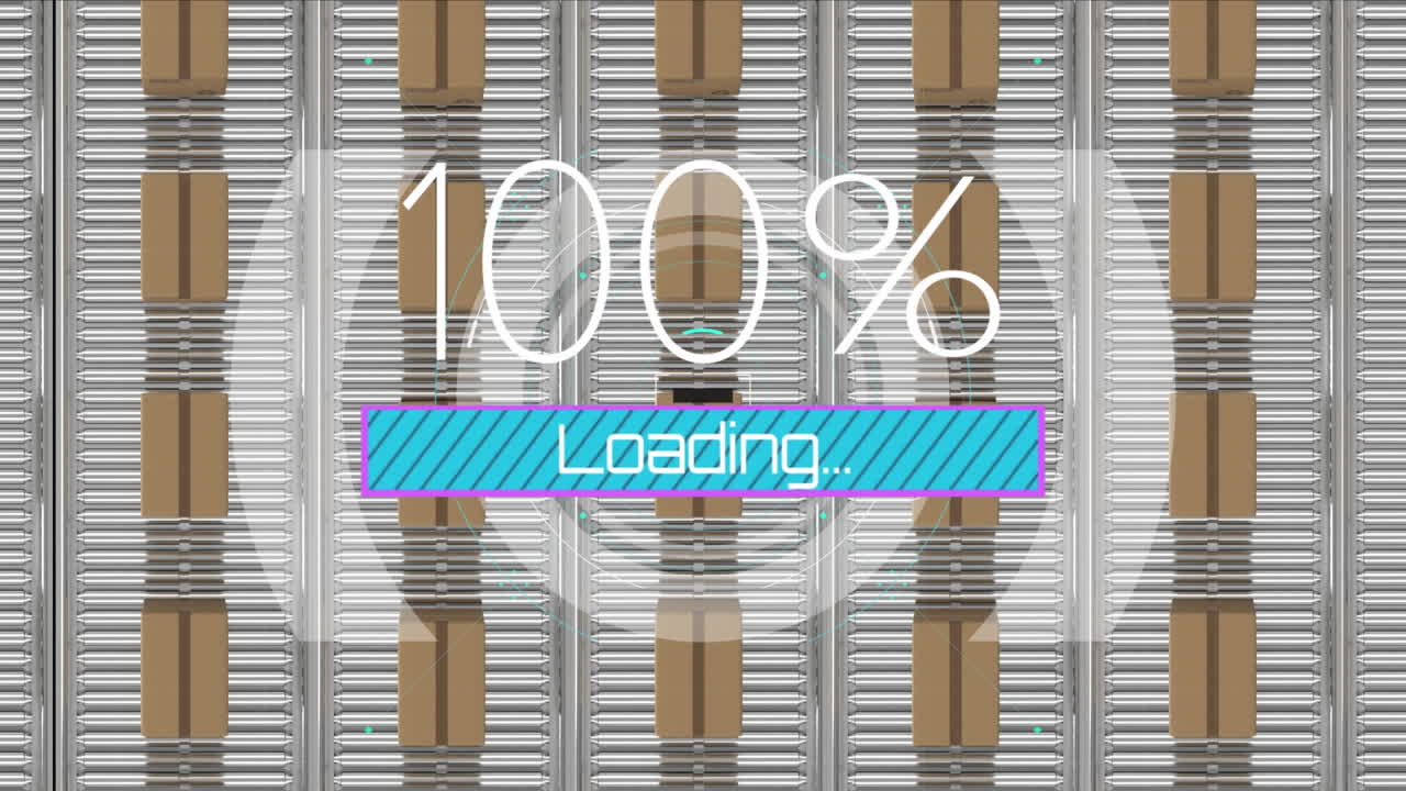 컨베이어 벨트에 있는 카드보드 상자 위의 데이터 처리 애니메이션