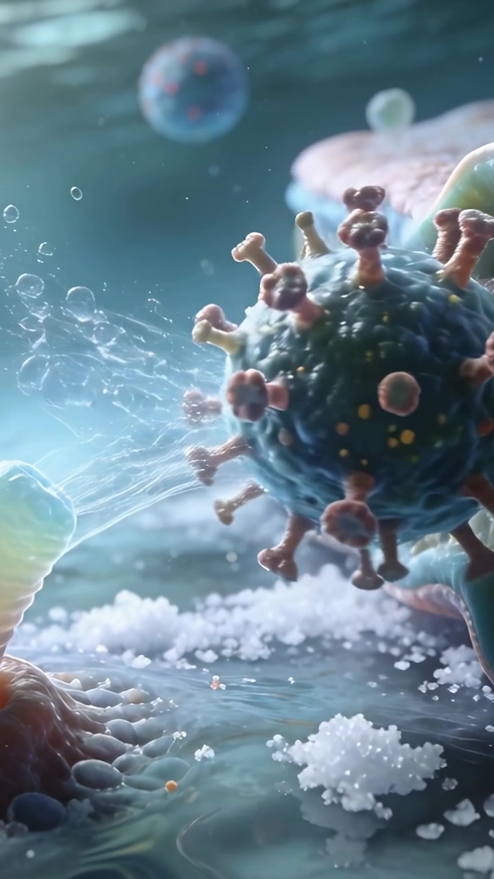 Lodret video: Tegning af viruspartikel, der danner spike-receptor-forbindelser ved cellemembranen for at trænge ind