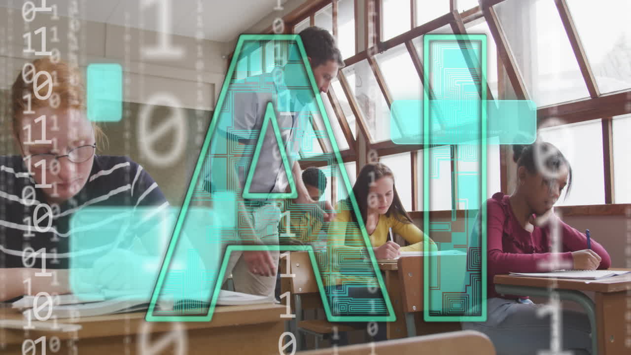 animación de texto ai y codificación binaria en diversos estudiantes que aprenden con el maestro
