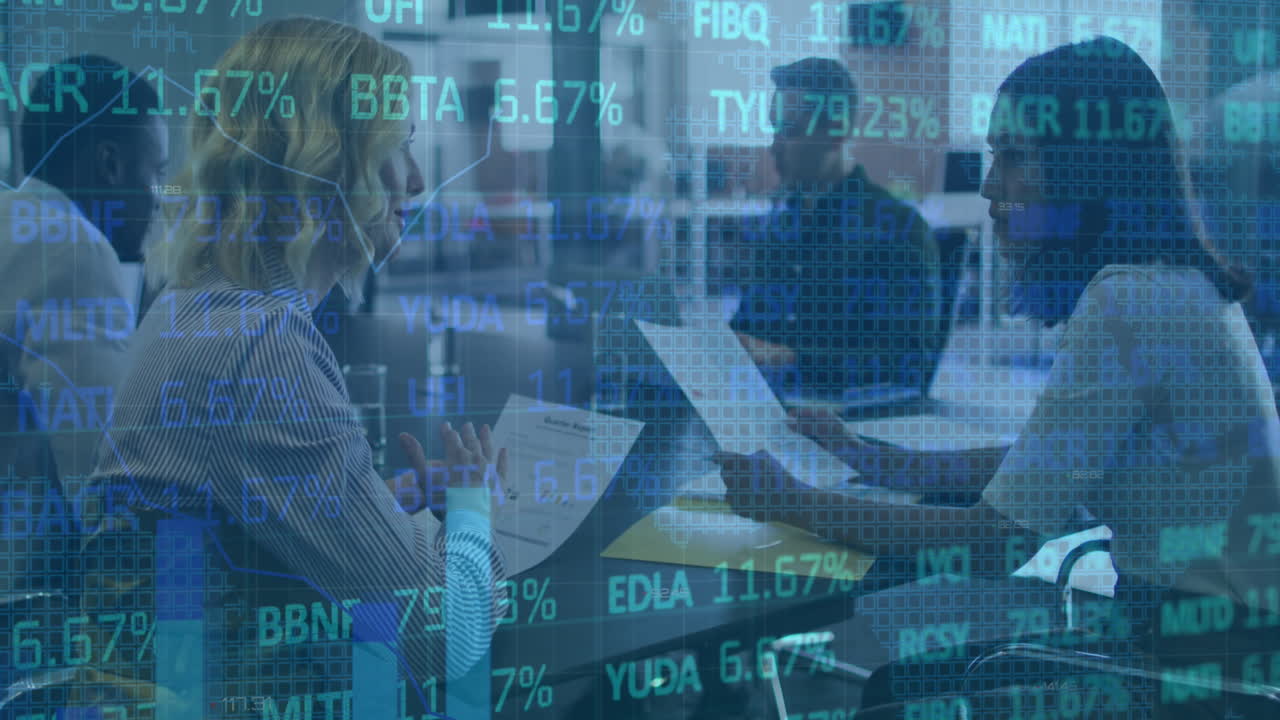 Animation of financial data processing over diverse business people in office