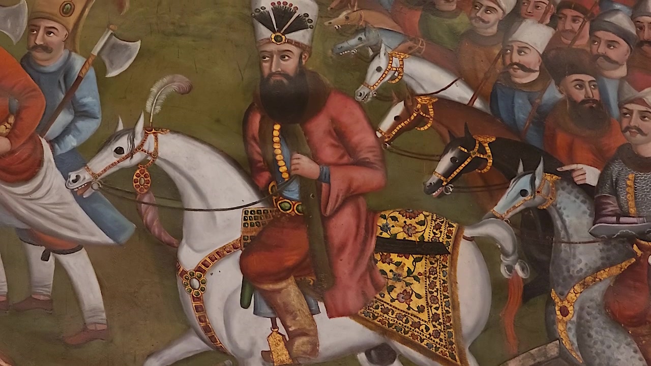 Detail starožitné perské miniaturní malby zobrazující královský průvod