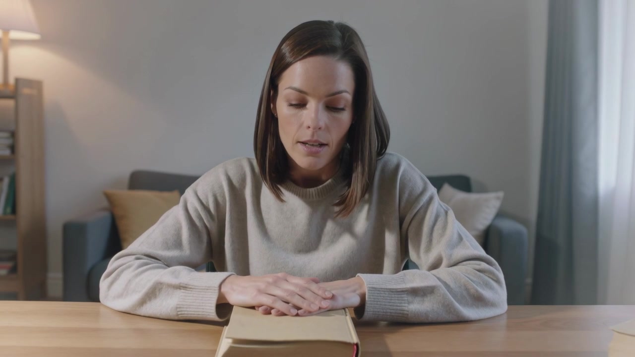 Una donna che chiude un grande libro al tavolo del soggiorno, dopo aver sfogliato le pagine, indossando un maglione leggero, pensierosa.