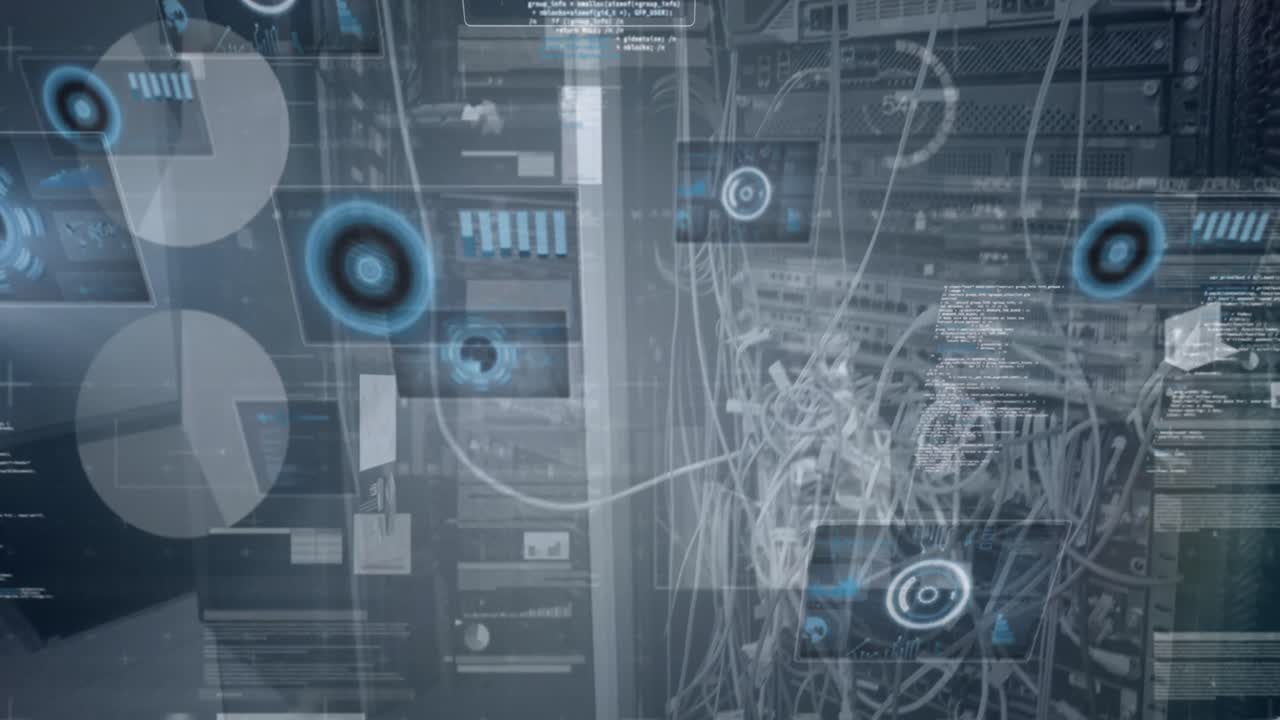 Animaton of round scanners and statistical data processing against close up of a computer server