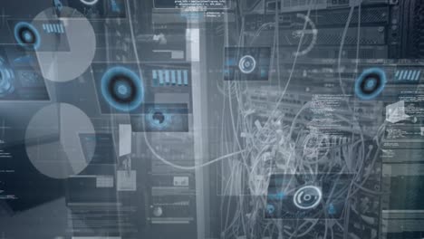 animaton of round scanners and statistical data processing against close up of a computer server