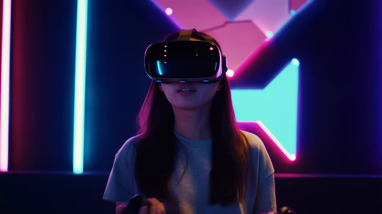 Young woman experiencing virtual reality with VR headset in neon-lit room
