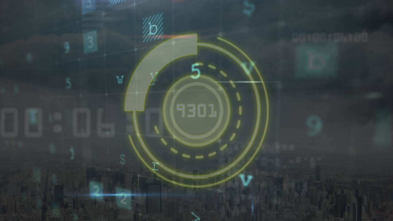 animación de un escáner redondo sobre el procesamiento de datos de seguridad cibernética contra una vista aérea del paisaje urbano