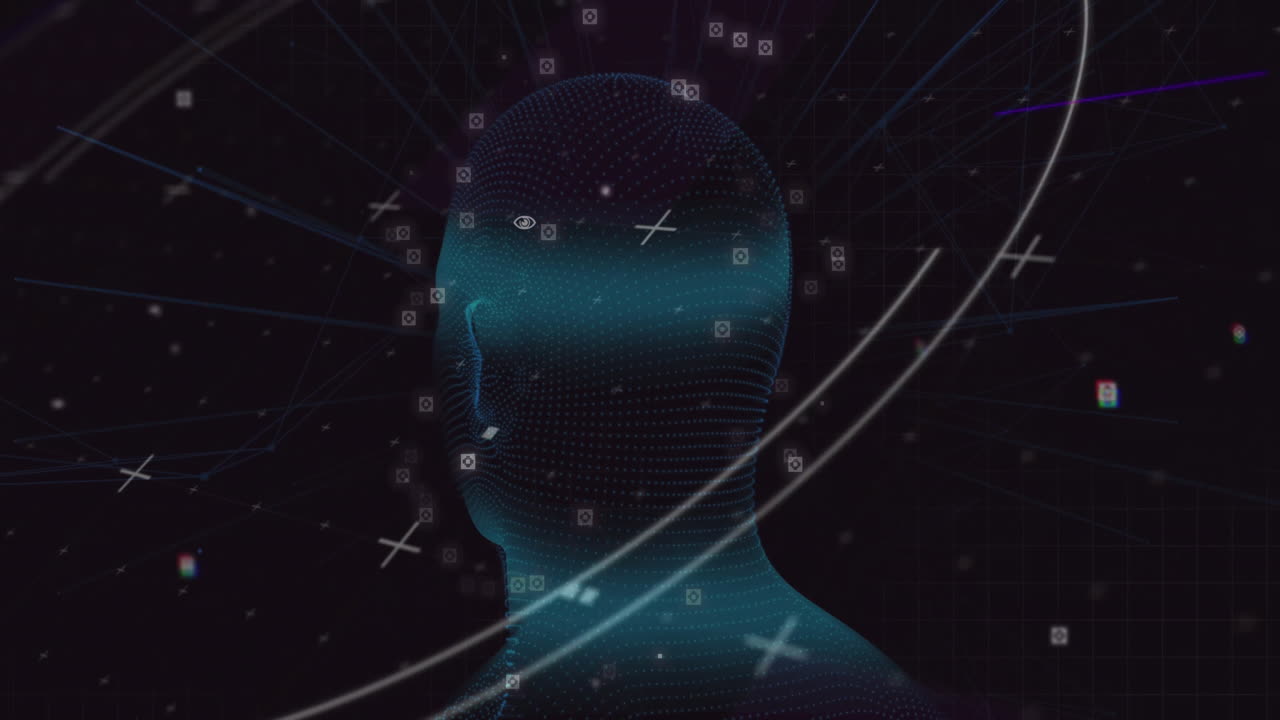 Dotted mesh head silhouette being visualized in cyberspace showing grid, plus icons, glowing trails
