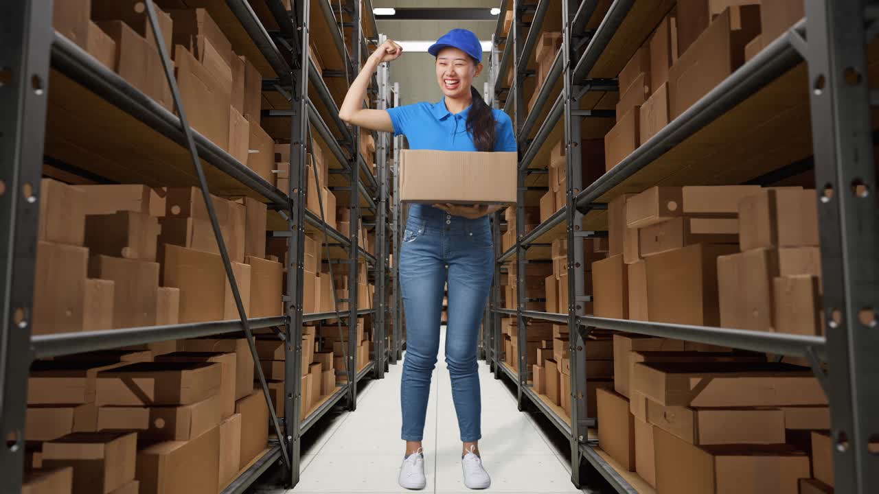 cuerpo lleno de mensajero femenino asiático en uniforme azul sonrisa y flexión muscular mientras entrega una caja en el almacén