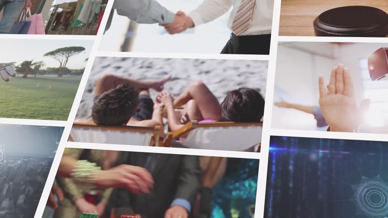 Nine composite screens, including business handshake, couple on beach, digital technology and gavel